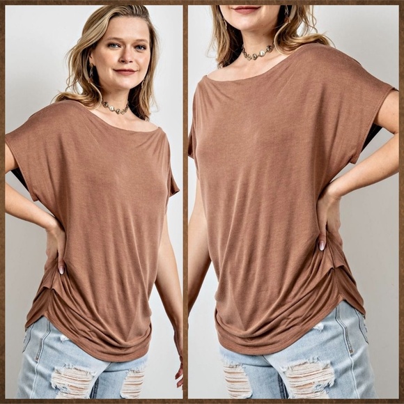 EASEL Ruched Sides Slouchy Short Dolman Sleeves Slinky Boat Neck Top Scooped Hem - Picture 10 of 13